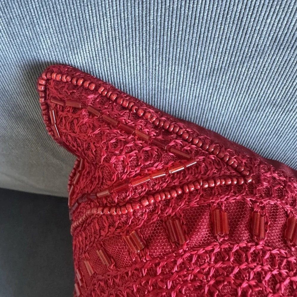 Pier 1 Imports ~ Red Beaded Throw Pillow ~ Rectangular ~ Shiny ~ Lumbar 16